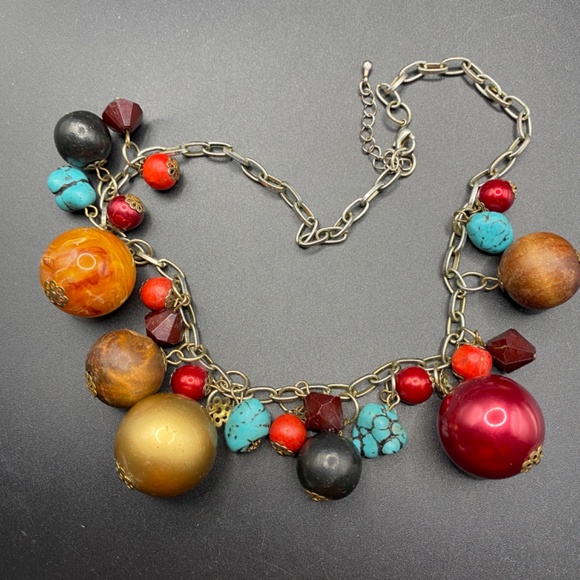 Boho Necklace Acrylic & Wood Beads Silver Tone - Picture 3 of 6